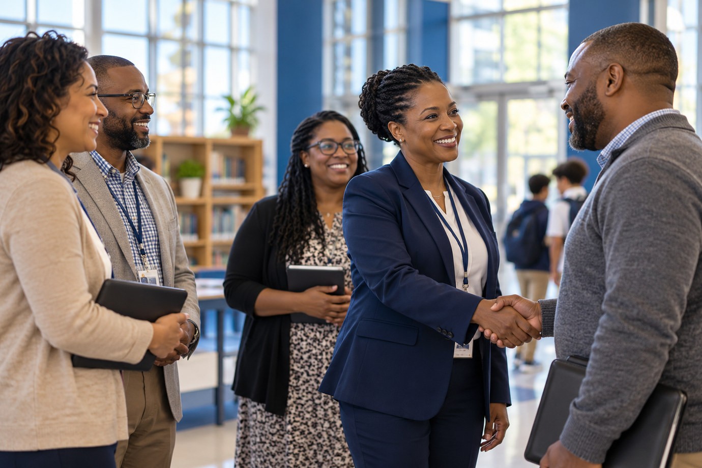 School leaders and community partners greeting one another at a school